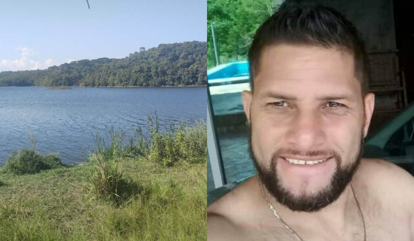 Montagem com duas fotos, na primeira a represa de Piraquara e ao lado Vanderlei Augusto Soares que morreu afogado