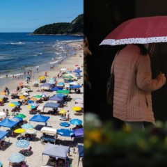 colagem com foto de praia do litoral do paran&aacute; e mulher com sombrinha