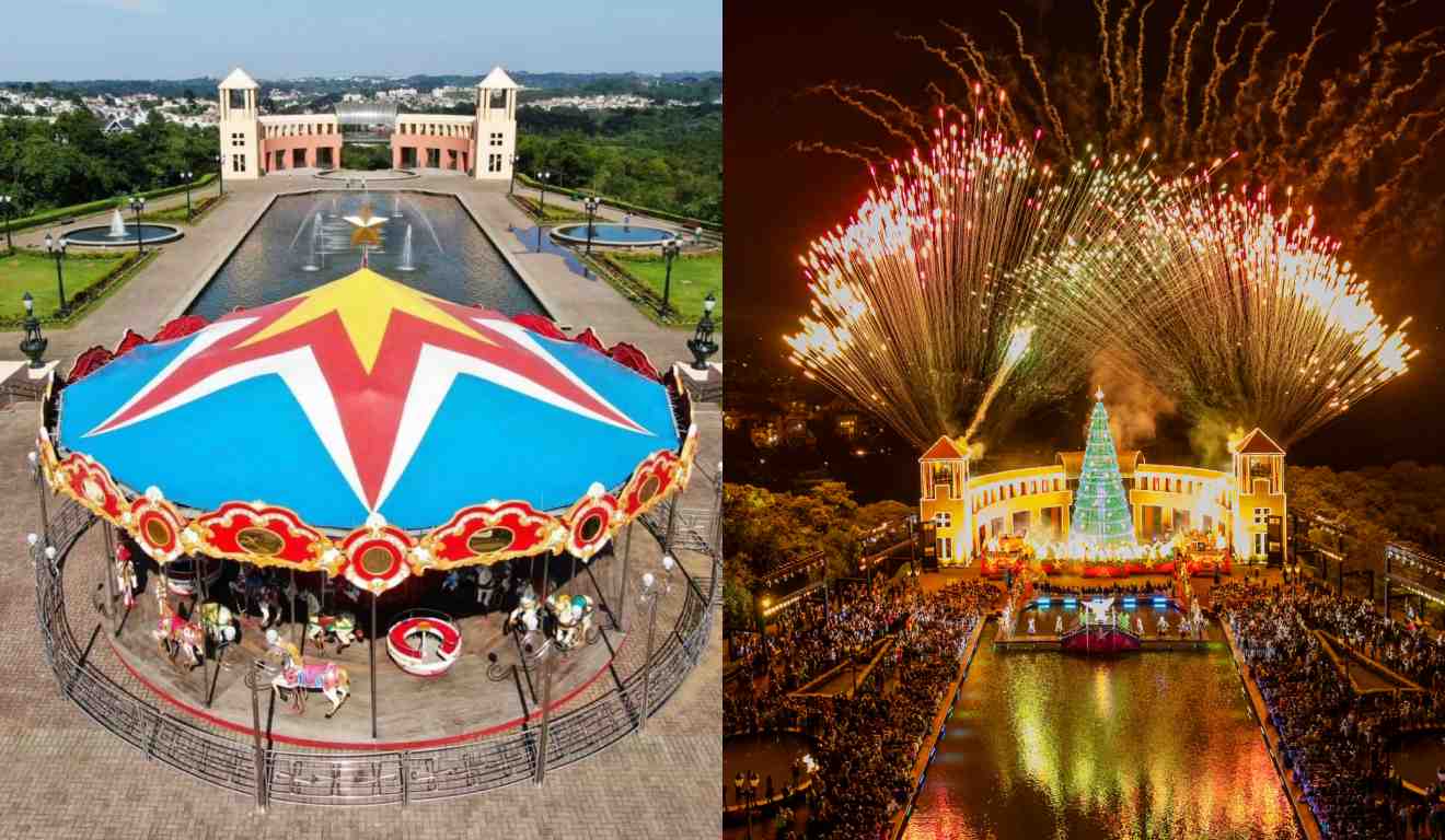 Carrossel e show de fogos. 