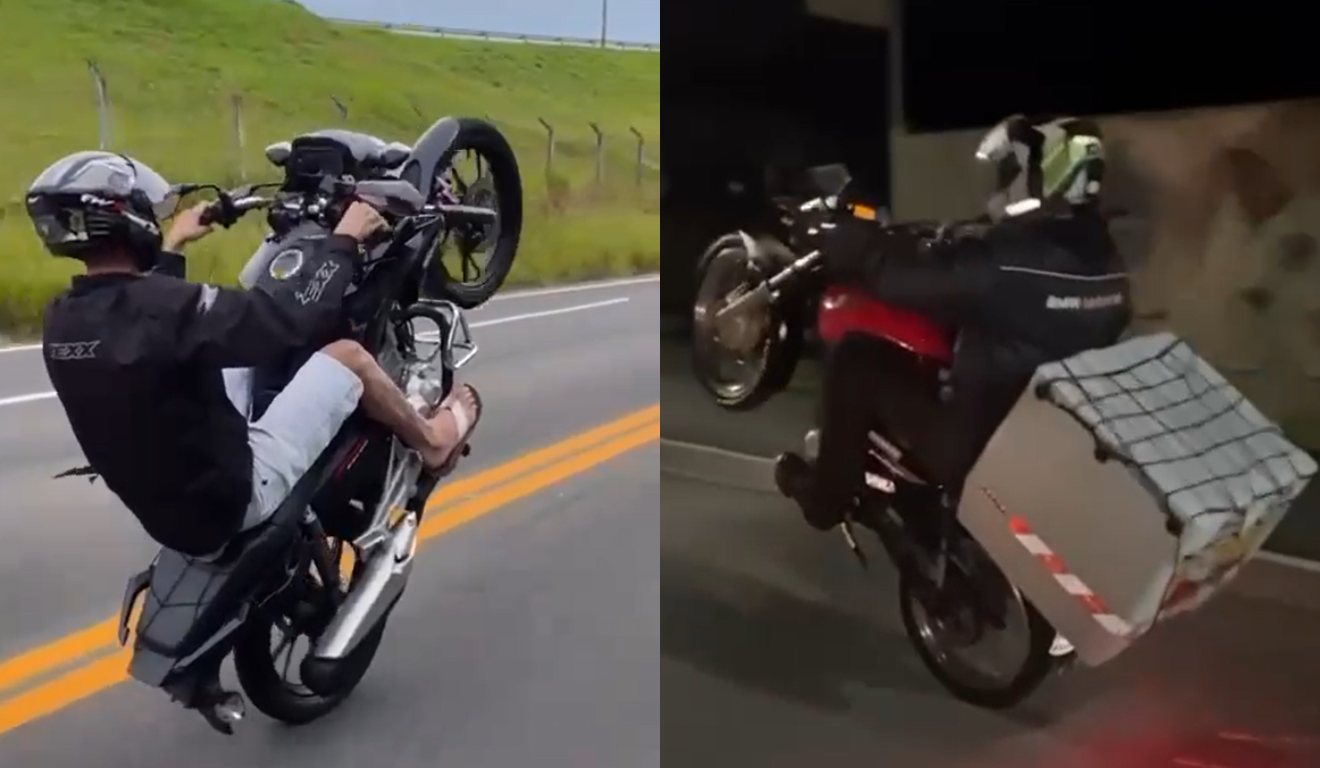 Montagem com fotos dos motociclistas em manobras irregulares