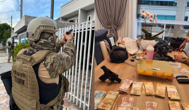 Montagem com fotos da operação contra o tráfico de drogas, na primeira um agente em frente a uma residência e na outra dinheiro encontrado no endereço