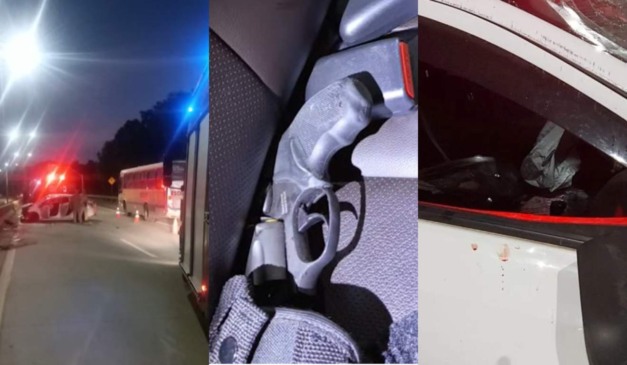 Colagem de fotos mostra acidente na Rodovia dos Minérios que terminou com o pai dando um tiro no próprio filho de 10 anos sem querer