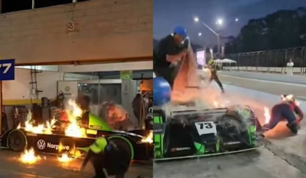 Carro pegando fogo e piloto correndo em chamas em montagem