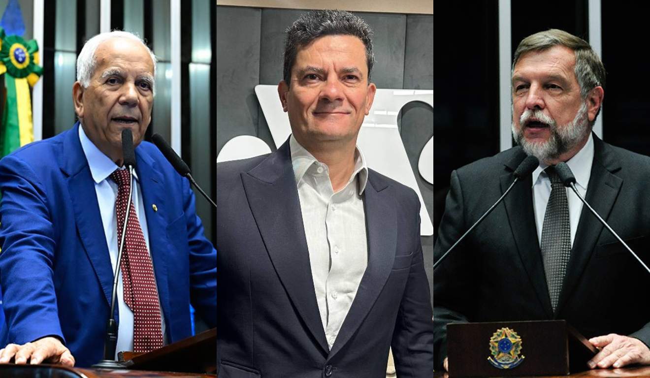 Montagem com fotos dos senadores do Paraná Oriovisto Guimarães, Sergio Moro e Flavio Arns