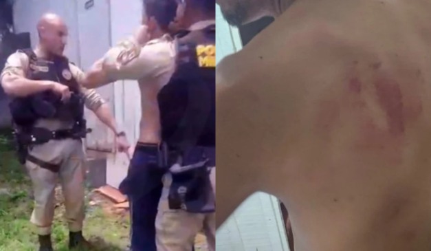 colagem com fotos de policiais invadindo casa