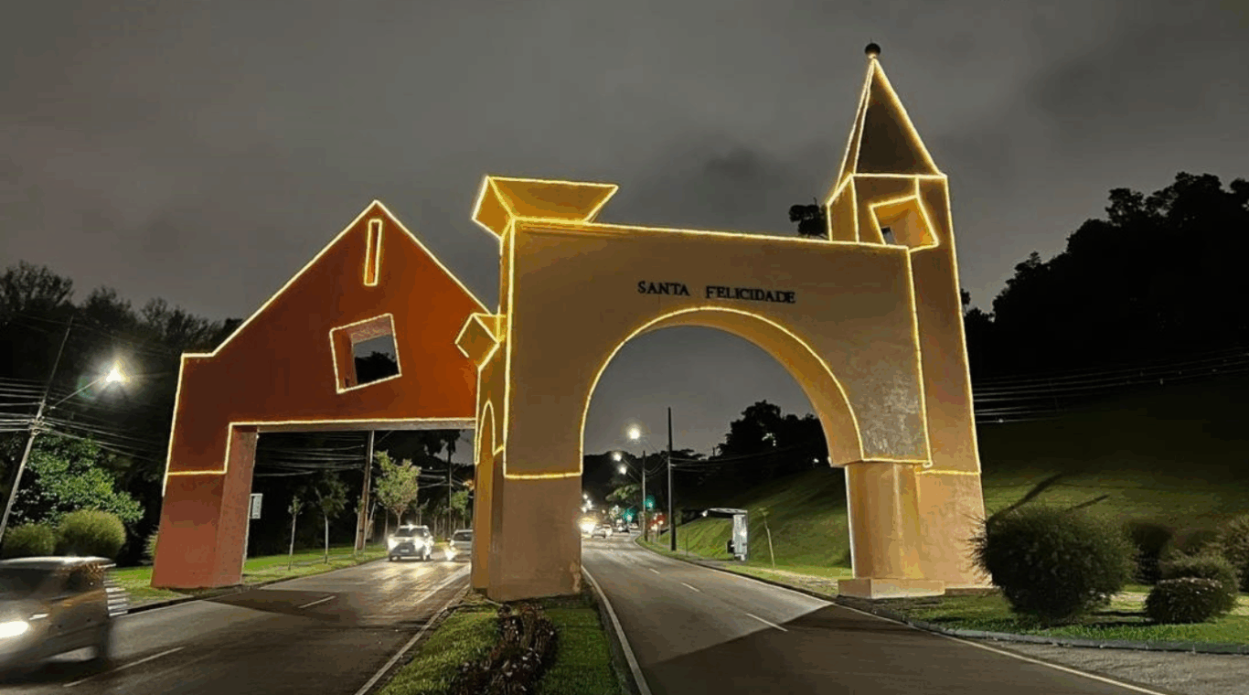 portal de santa felicidade iluminado para o natal