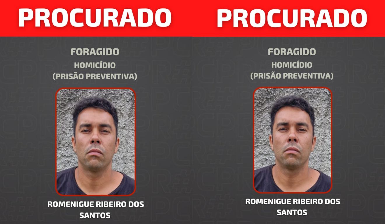 colagem com fotos de Romenigue Ribeiro dos Santos, procurado por homicídio pela PCPR