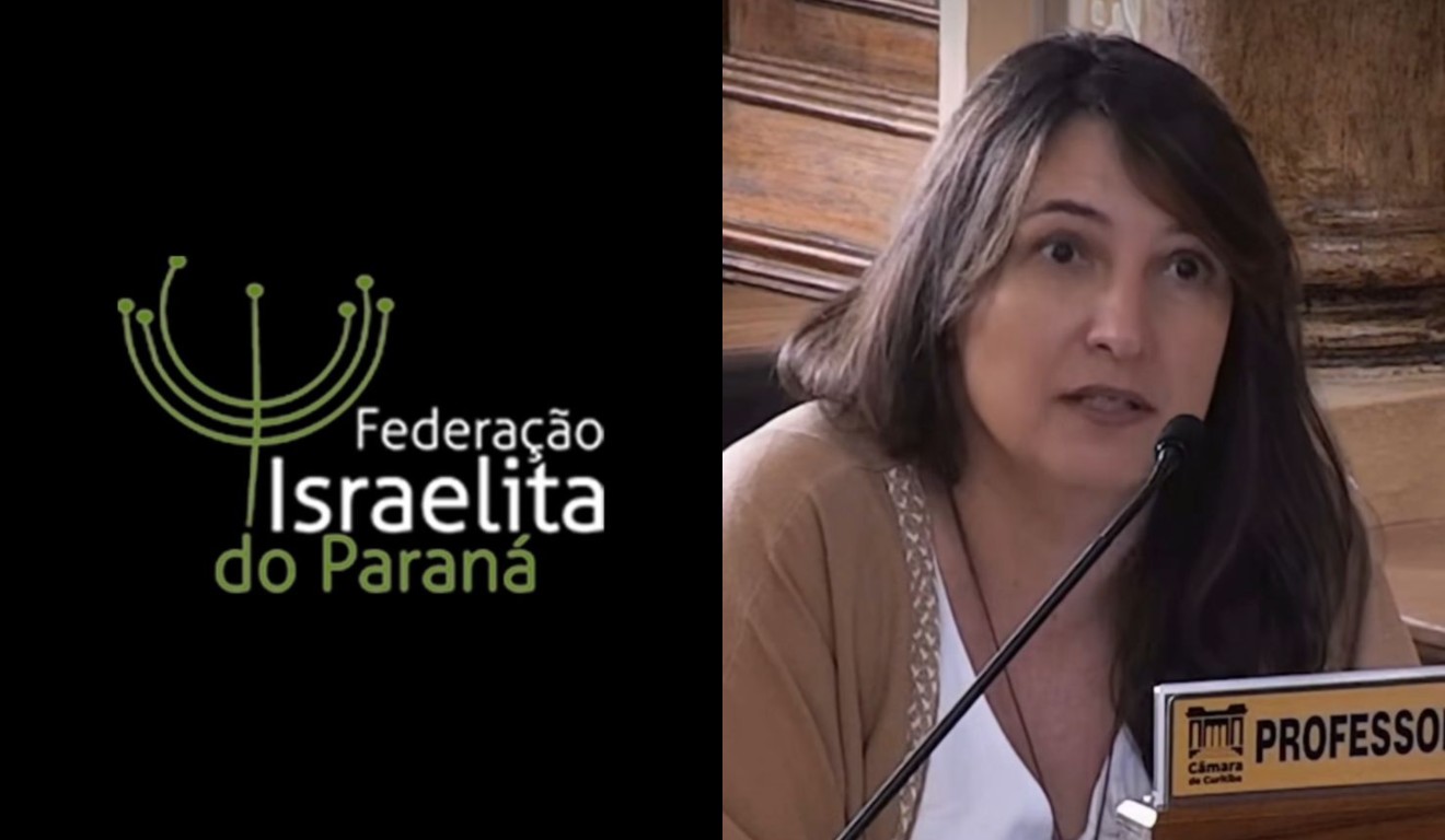 colagem com foto da logo da comunidade israelita de curitiba e a vereadora professora angela