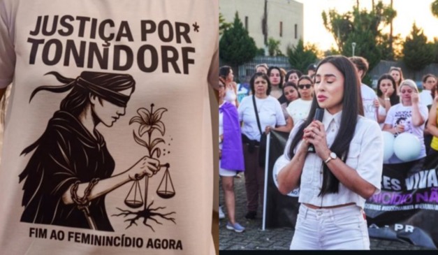 colagem com imagens de protesto conta do que aconteceu com a dentista Renan Walflor é preso após denúncias de tortura e abuso sexual contra a dentista Kauany Tonndorf