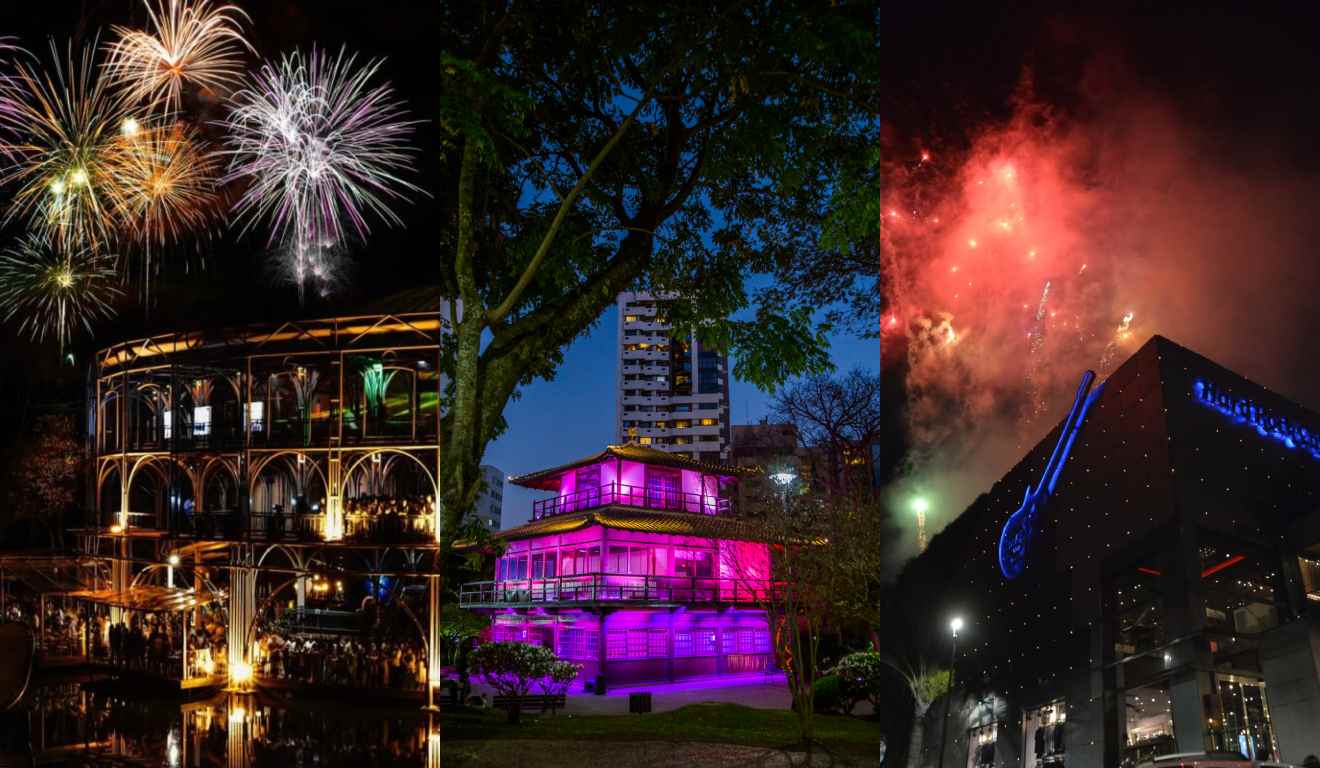 Colagem de locais com queima de fogos.