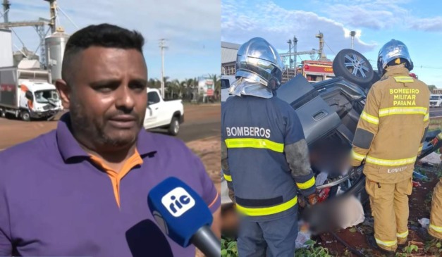 Montagem com foto do motorista reserva e do carro após acidente na PR-170