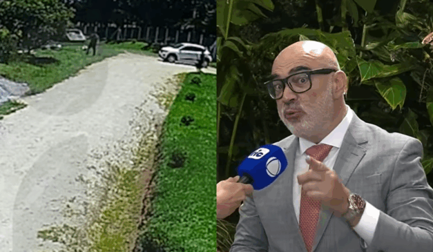 À esquerda, imagem da câmera de segurança onde um homem, que seria o suspeito de matar pai e filho, volta até o local do crime. À direita, o advogado Nilton Ribeiro. Um homem branco, careca, de barba grisalha, vestindo um blazer cinza, uma camisa branca e uma gravata vermelha, além de um óculos com armação preta, está dando entrevista à Ric RECORD.