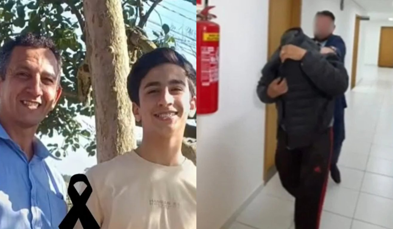 À esquerda, Claudecir e Felipe. Claudecir é um homem branco de cabelo cinza e usa uma camisa azul. Felipe é um garoto branco de cabelo preto com camiseta amarela. À direita, vemos o suspeito de matar pai e filho indo prestar depoimento à PCPR, com o rosto encoberto por uma jaqueta.