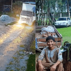 À esquerda, vemos o momento do crime, que, nesta terça (9), o suspeito de ter matado pai e filho negou ter sido motivado por intolerância religiosa. À esquerda, vemos foto das duas vítimas. Claudecir é um homem branco de cabelo preto e usa uma camiseta vermelha. Felipe é um garoto branco de cabelo preto e usa uma camiseta cinza. Ambos estão com o rosto pintado de lama.