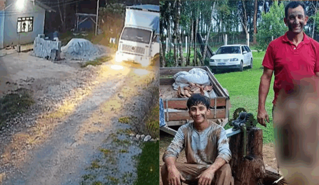 À esquerda, vemos o momento do crime, que, nesta terça (9), o suspeito de ter matado pai e filho negou ter sido motivado por intolerância religiosa. À esquerda, vemos foto das duas vítimas. Claudecir é um homem branco de cabelo preto e usa uma camiseta vermelha. Felipe é um garoto branco de cabelo preto e usa uma camiseta cinza. Ambos estão com o rosto pintado de lama.