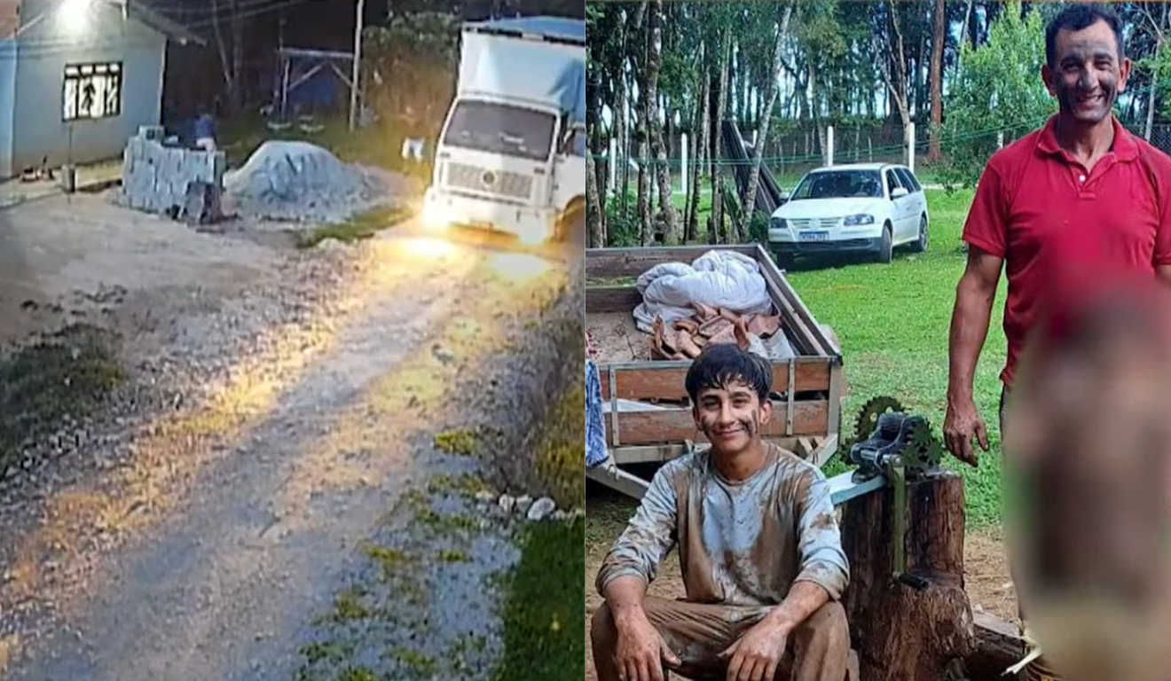 À esquerda, vemos o momento do crime, que, nesta terça (9), o suspeito de ter matado pai e filho negou ter sido motivado por intolerância religiosa. À esquerda, vemos foto das duas vítimas. Claudecir é um homem branco de cabelo preto e usa uma camiseta vermelha. Felipe é um garoto branco de cabelo preto e usa uma camiseta cinza. Ambos estão com o rosto pintado de lama.