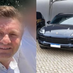 colagem com foto de um dos irmãos votroba e carro de luxo