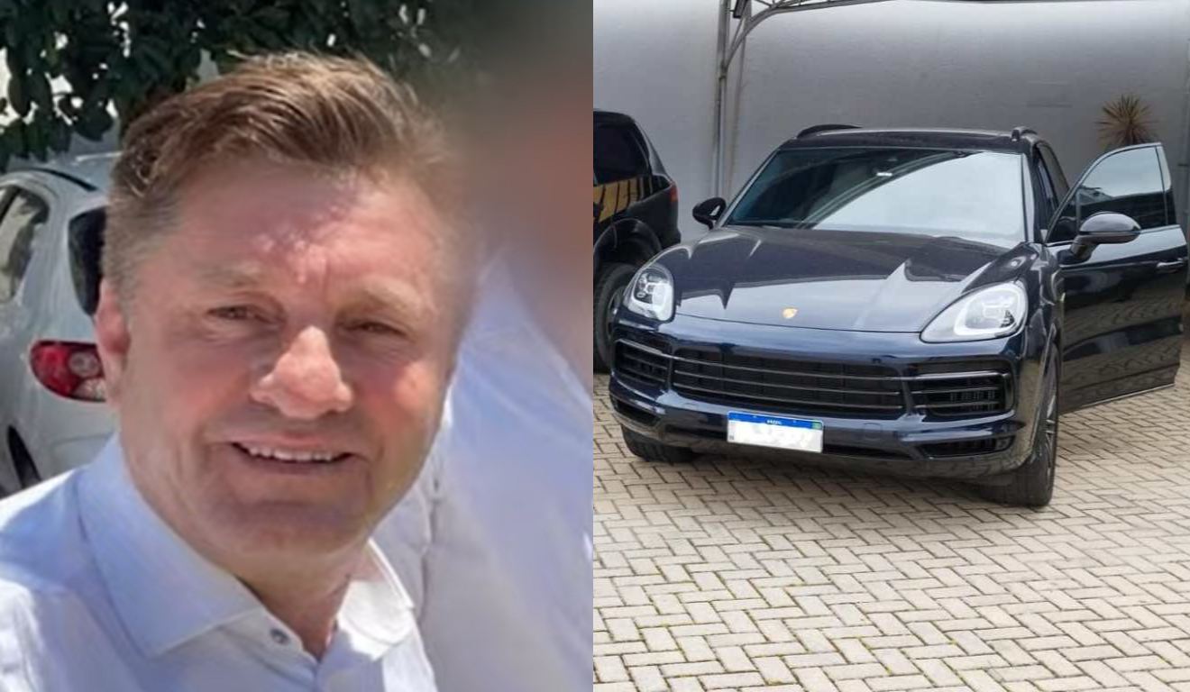 colagem com foto de um dos irmãos votroba e carro de luxo