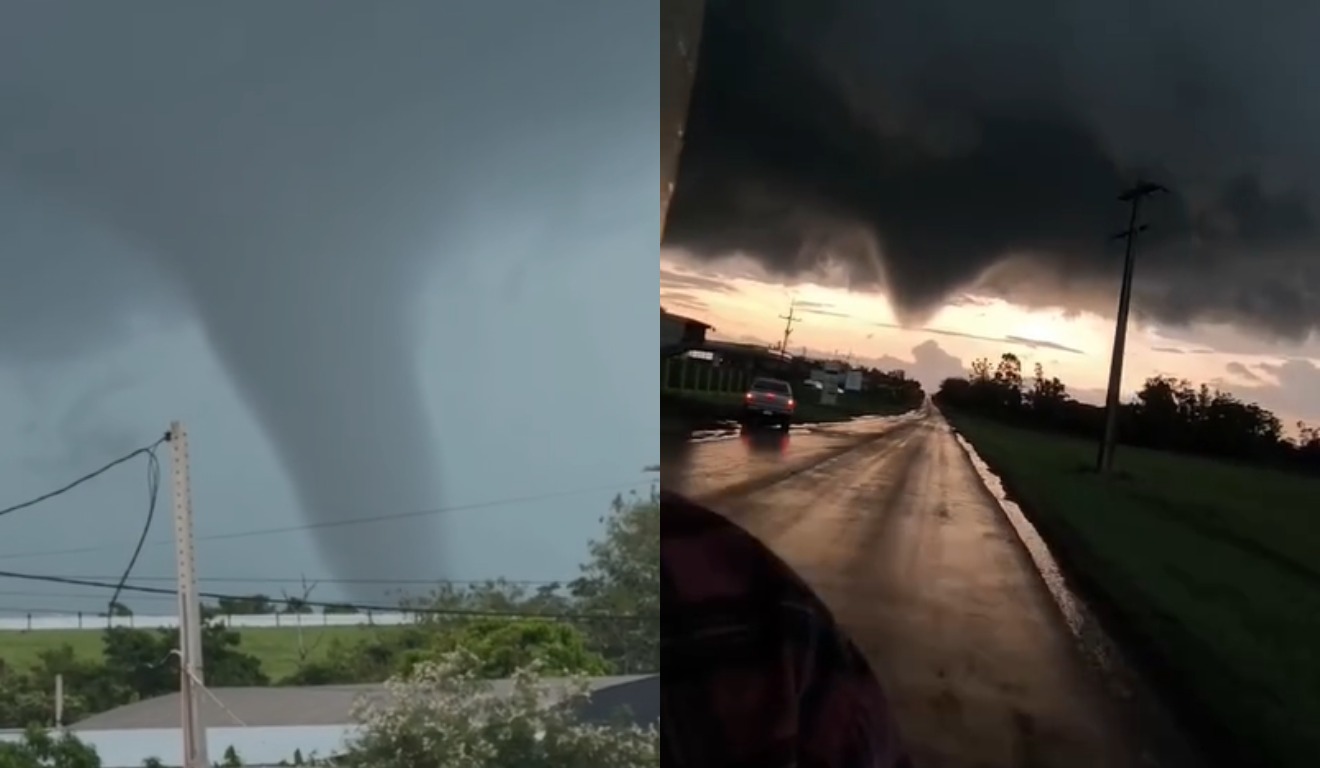 colagem com fotos de tornado na fronteira do paraná