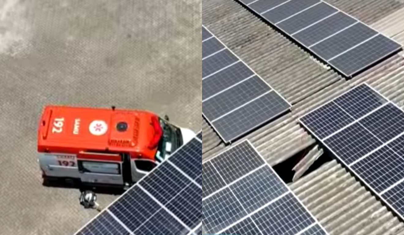 colagem com fotos do local onde um trabalhador caiu na cic