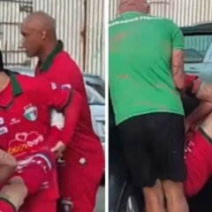 Jogador Jair, do Triste, é carregado para um carro para ser levado ao hospital. (Foto: Reprodução/Redes Sociais)