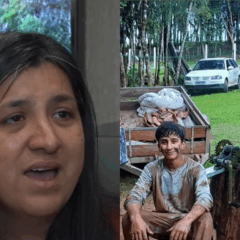 À esquerda, vemos Rosimari Costa Lima, a viúva que chamou o homem suspeito de matar seu marido e filho de "covarde". Ela é uma mulher branca de cabelo preto. À direita, vemos foto das duas vítimas. Claudecir é um homem branco de cabelo preto e usa uma camiseta vermelha. Felipe é um garoto branco de cabelo preto e usa uma camiseta cinza. Ambos estão com o rosto pintado de lama.