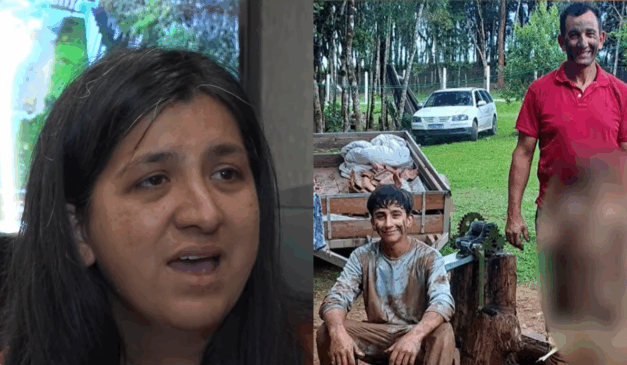 À esquerda, vemos Rosimari Costa Lima, a viúva que chamou o homem suspeito de matar seu marido e filho de "covarde". Ela é uma mulher branca de cabelo preto. À direita, vemos foto das duas vítimas. Claudecir é um homem branco de cabelo preto e usa uma camiseta vermelha. Felipe é um garoto branco de cabelo preto e usa uma camiseta cinza. Ambos estão com o rosto pintado de lama.