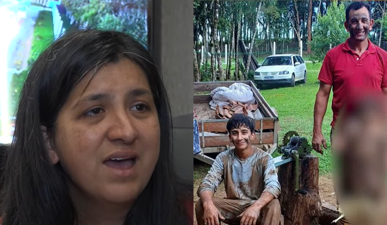 À esquerda, vemos Rosimari Costa Lima, a viúva que chamou o homem suspeito de matar seu marido e filho de "covarde". Ela é uma mulher branca de cabelo preto. À direita, vemos foto das duas vítimas. Claudecir é um homem branco de cabelo preto e usa uma camiseta vermelha. Felipe é um garoto branco de cabelo preto e usa uma camiseta cinza. Ambos estão com o rosto pintado de lama.