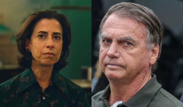 À esquerda, Fernanda Torres, no filme Ainda Estou Aqui, baseado em livro homônimo; à direita, o ex-presidente Jair Bolsonaro