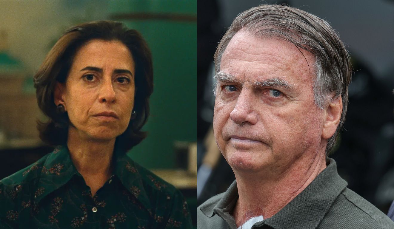 À esquerda, Fernanda Torres, no filme Ainda Estou Aqui, baseado em livro homônimo; à direita, o ex-presidente Jair Bolsonaro