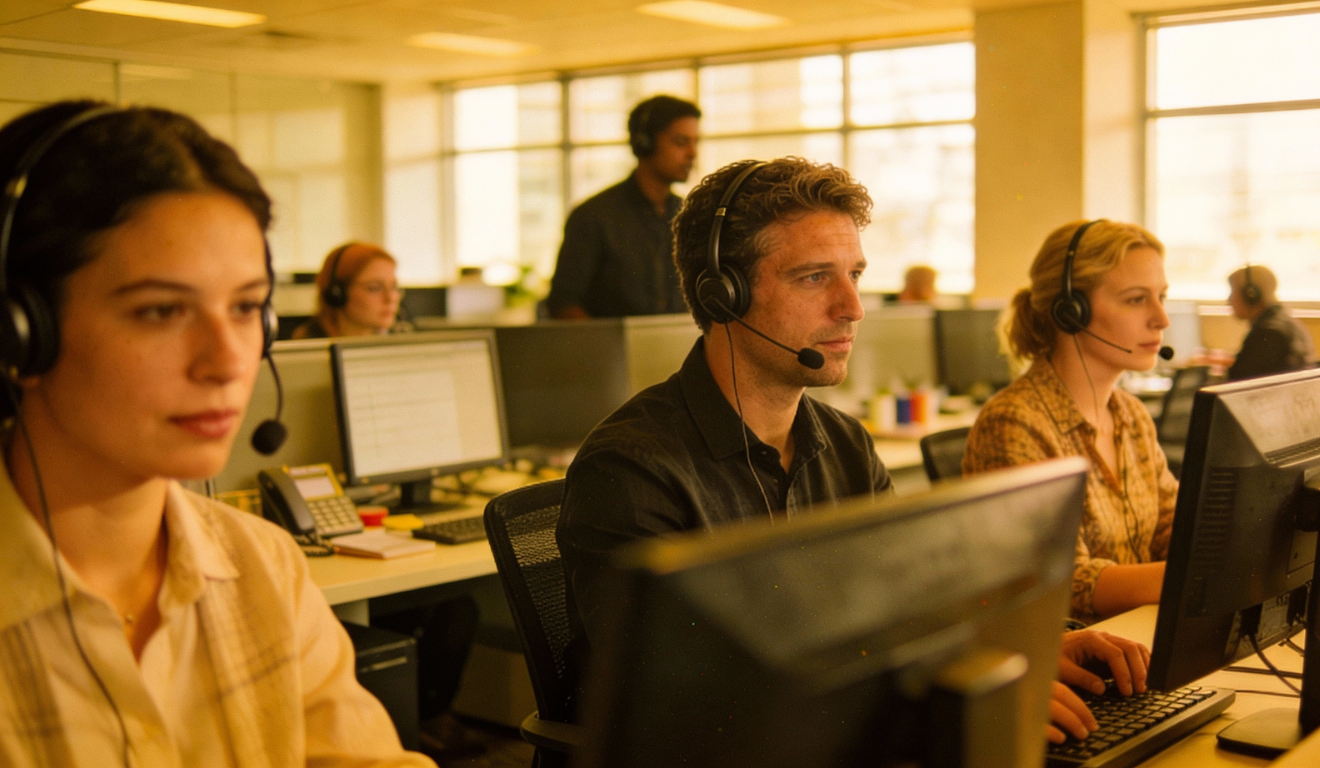 Call-center com trabalhadores fazendo ligações