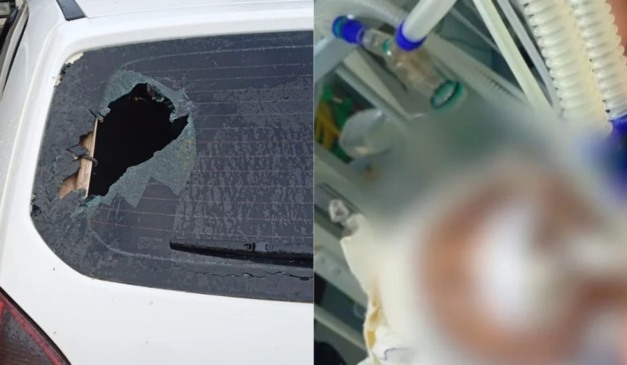 Montagem que mostra à esquerda carro baleado e à direita criança no hospital, após sofrer atentado de suspeita