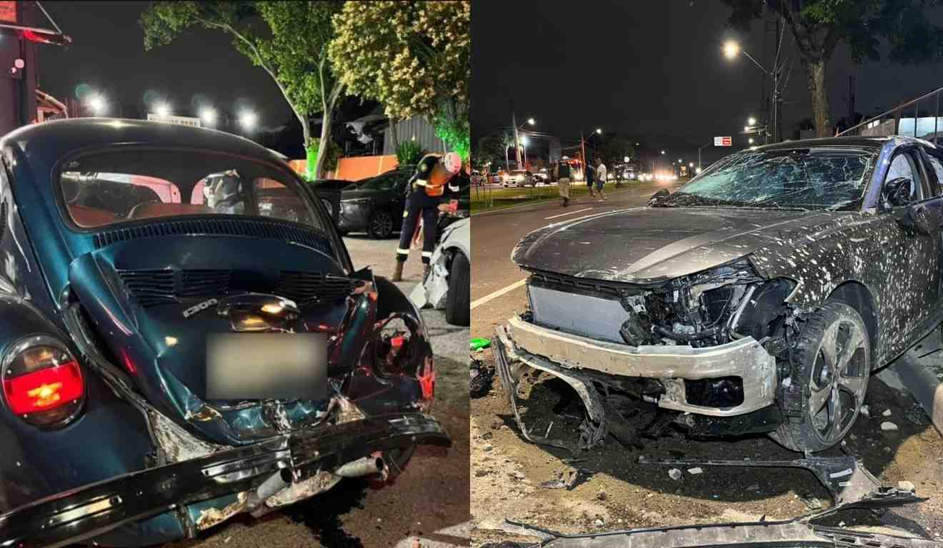 Carros batidos após acidente na Avenida das Torres, em Curitiba
