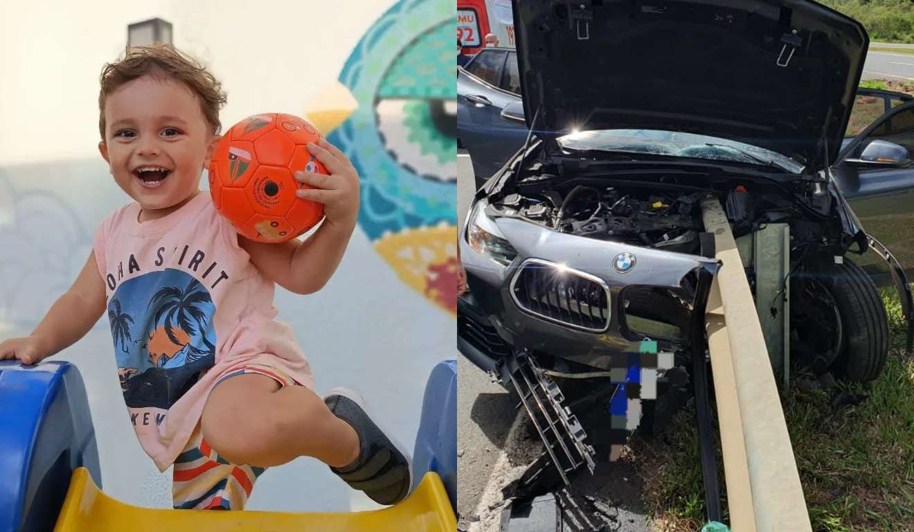 Montagem com foto de Mateus Abrão e do carro com a estrutura metálica atravessada