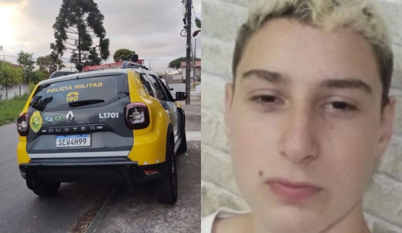 Montagem com foto da viatura e de Uriel, adolescente encontrado morto em Curitiba
