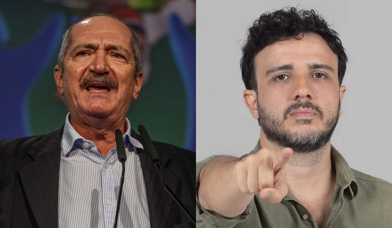 Colagem de fotos com os rostos do ex-ministro Aldo Rebelo e do presidnete do partido Missão, Renan Santos