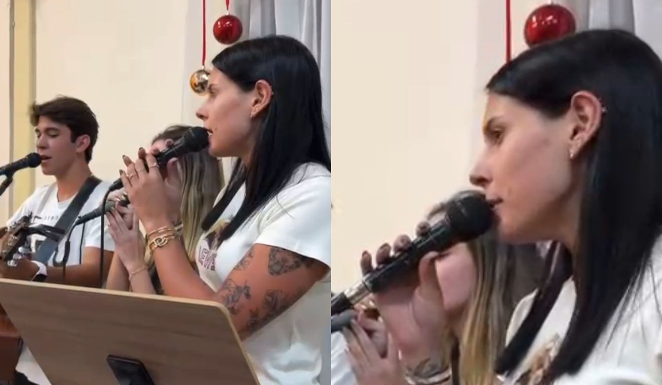 ana castela cantando no coral da missa em londrina