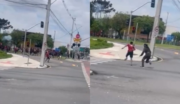 Montagem com fotos da briga entre torcedores do COritiba e do Athletico