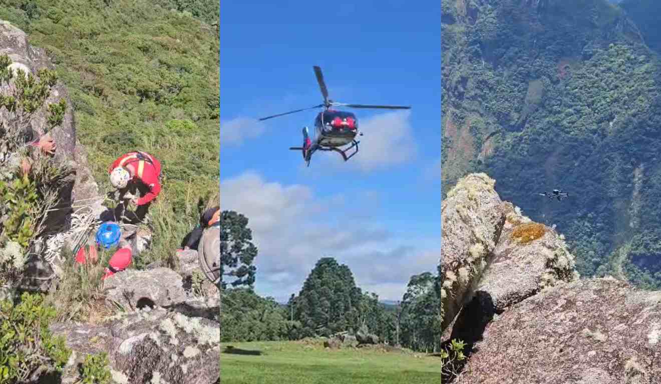 Trabalho de buscas no Pico Paraná conta com apoio de drone, helicópteros e 64 voluntários.