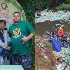 Montagem com fotos do caminhoneiro e do acidente na BR-376