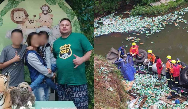 Montagem com fotos do caminhoneiro e do acidente na BR-376