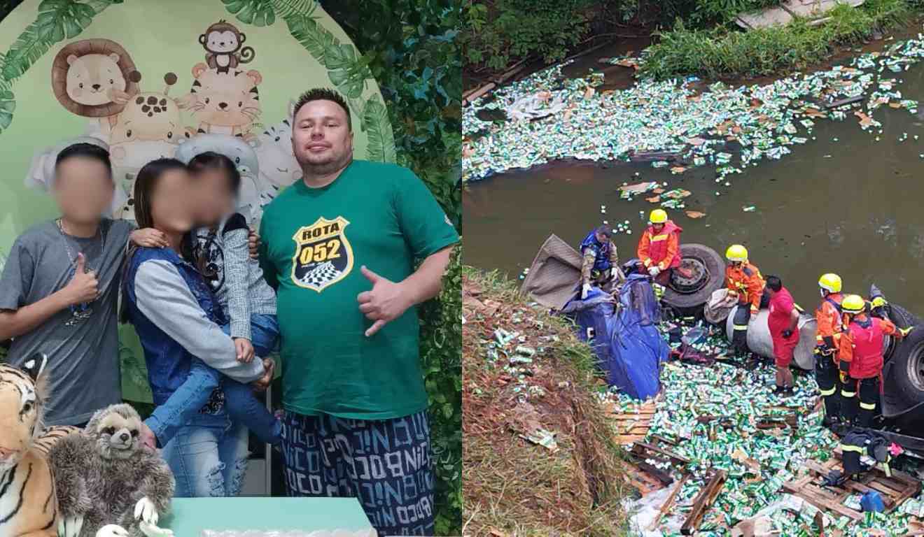 Montagem com fotos do caminhoneiro e do acidente na BR-376