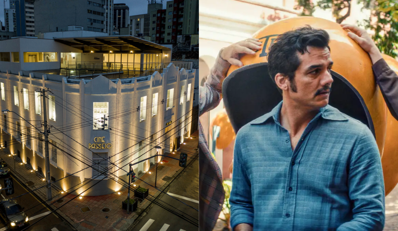 À esquerda, a fachada do Cine Passeio, cinema de Curitiba que transmitirá o Globo de Ouro. À direita, Wagner Moura em uma cena do filme 'O Agente Secreto', que concorre a três categorias na premiação.