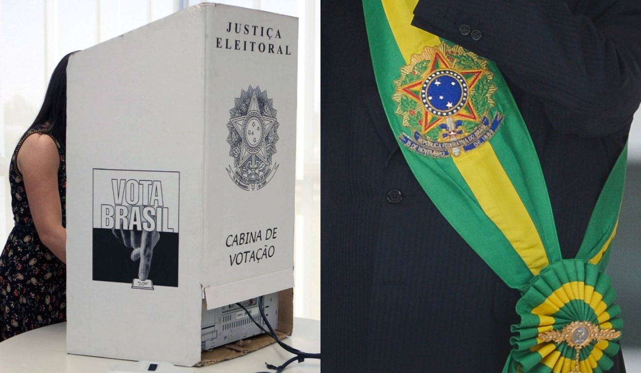 colagem com fotos da urna eletronica e faixa presidencial