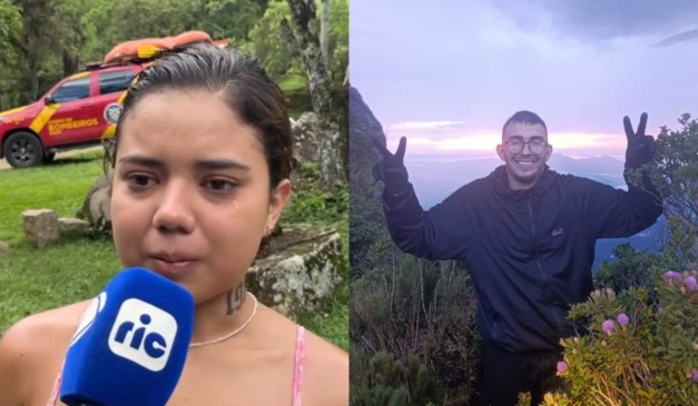 Montagem com foto da amiga do desaparecido no Pico Paraná e do Roberto Farias
