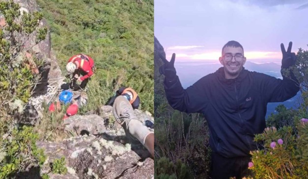 Montagem com fotos das buscas no Pico Paraná e do jovem Roberto Farias Tomaz
