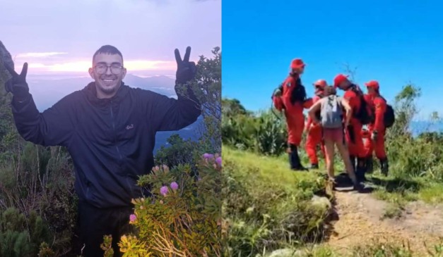 Montagem com a foto de ROberto Farias Thomaz e bombeiros nas buscas