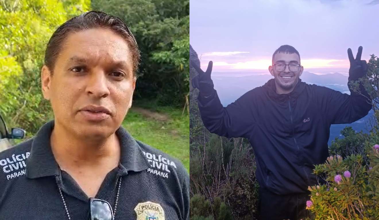 Montagem com fotos do delegado Glaison Lima e do jovem desaparecido no Pico Paraná, Roberto Farias Thomaz