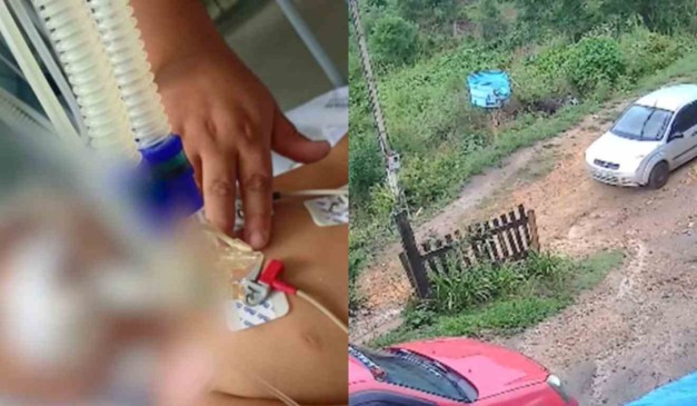 Criança vítima de disparos e local onde aconteceu a situação em montagem