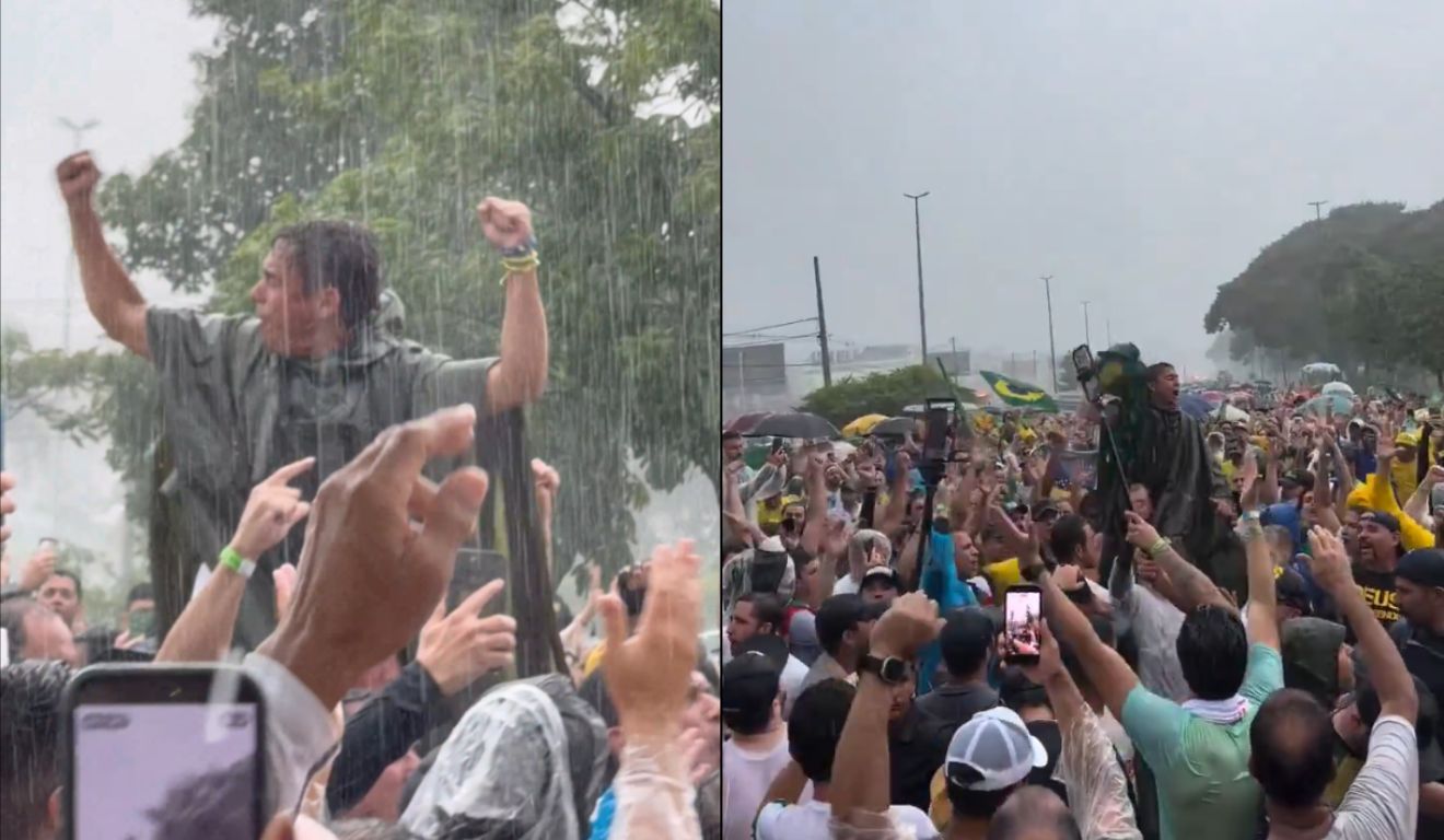 Duas imagens de Nikolas Ferreira, na chegada da caminhada em Brasília